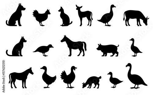 Farm Life in Vector Silhouette Set. Pack of Standing Animals Like Cow, Cat, Dog, and Hen for Eco Branding and Organic Product Labels