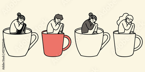 Four people curled up inside coffee cups representing isolation and comfort