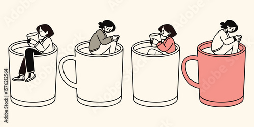 Four women sitting in oversized mugs enjoying hot drinks together