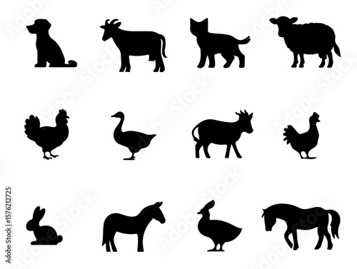 Minimalist Animal Silhouette Vector Pack. Domestic Pets and Farm Animals Like Cat, Horse, Cow and Hen for Branding and Educational Use