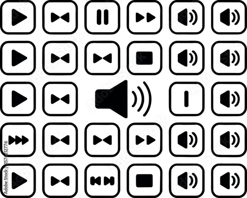 Collection of black media player icons including play pause fast forward rewind and volume controls