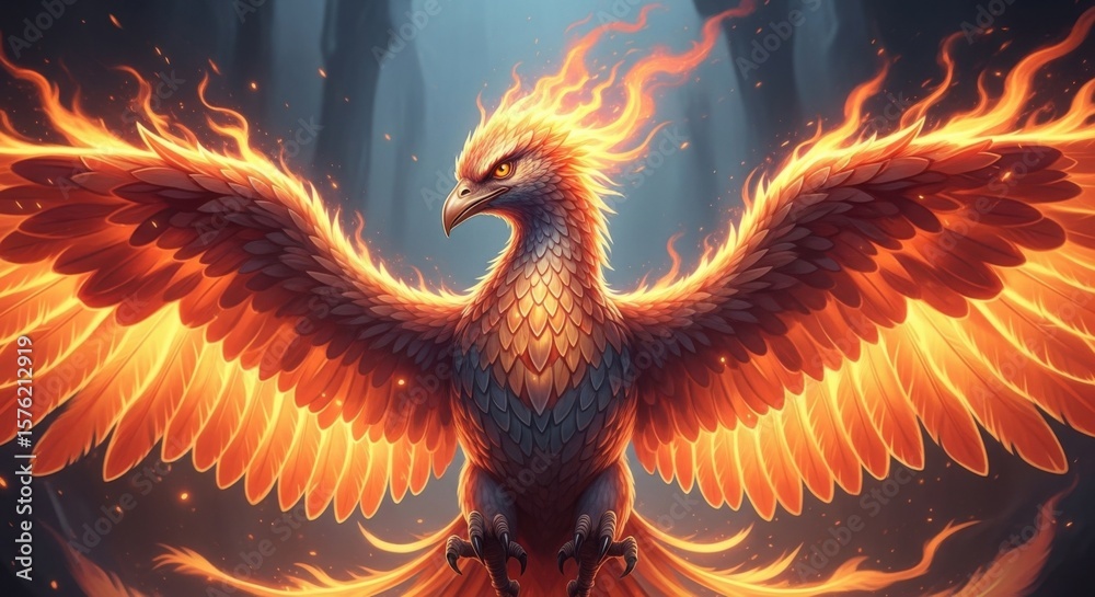 Obraz premium Majestic Fiery Phoenix with Open Wings Emerging from Mystical Flames