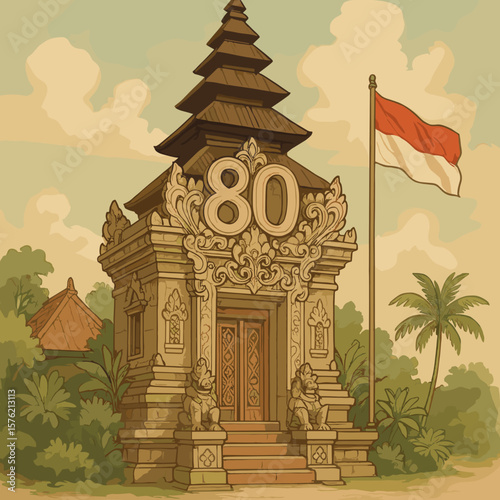 Commemorative graphic for Indonesia's 80th anniversary, depicting a Balinese temple adorned with the number eighty, and the national flag.