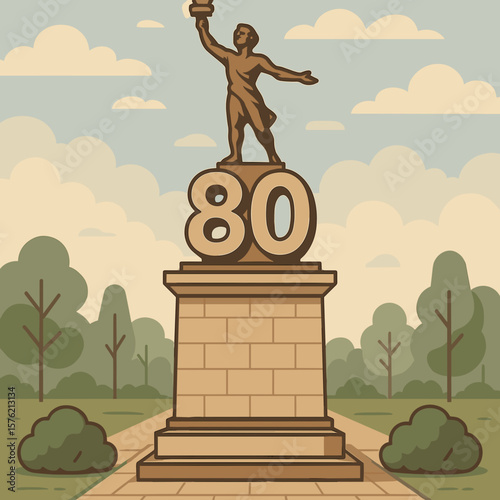 Commemorative graphic features a statue atop a brick monument with the number eighty, evoking a sense of history and civic pride for logo use.