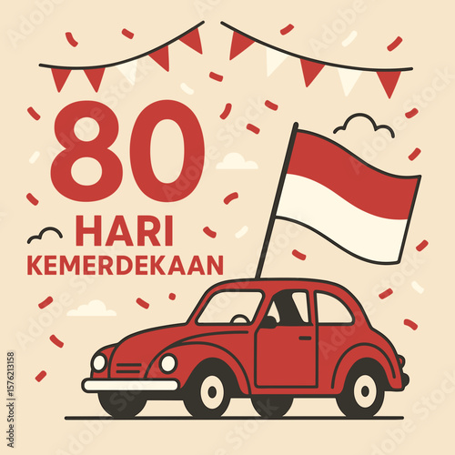 A festive graphic celebrating the 80th anniversary of Indonesian Independence Day with a red car and the national flag.