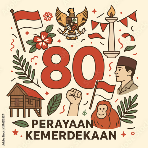 Celebrate eighty years of Indonesian Independence with this thematic design, suitable for event graphics, posters and commemorative material.