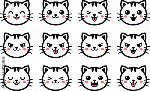 Collection of twelve cute cartoon cat faces expressing various emotions