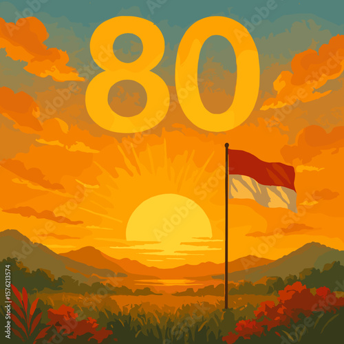Commemorative graphic design celebrates a special event, featuring a sunrise landscape with the Indonesian flag and the number eighty.