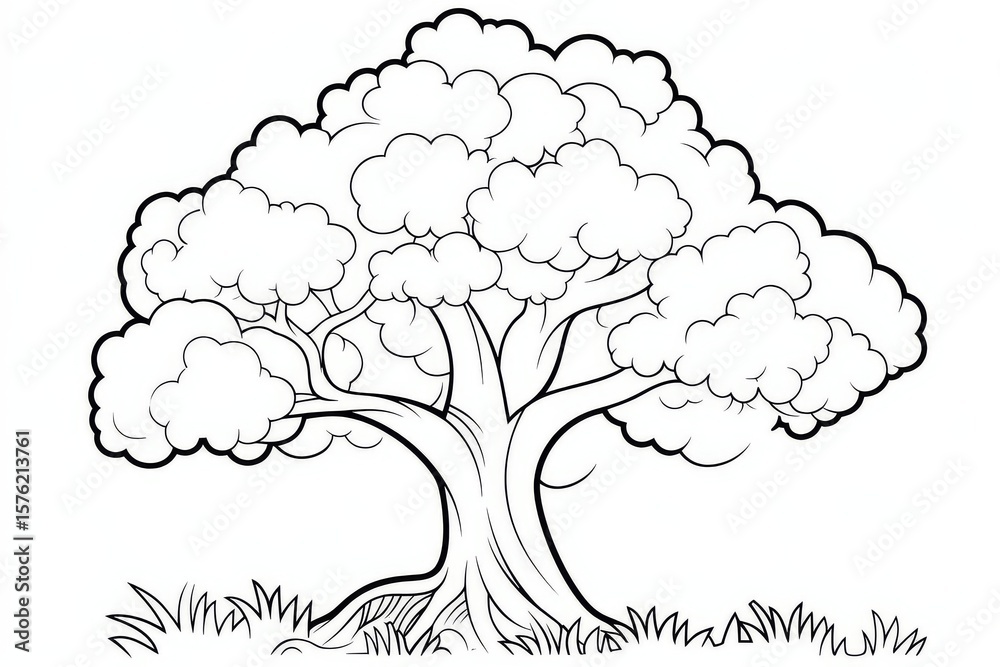 Naklejka premium Simple bold line drawing of an adorable oak tree with clouds, grass, and sky, clean and clear doodle style for children’s coloring on white background
