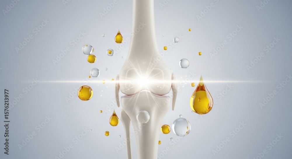 Obraz premium Joint Health Supplement: A detailed illustration of a human knee joint, surrounded by glistening droplets of oil, symbolizes lubrication and joint health.