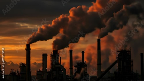 Industrial smokestacks releasing plumes of smoke into the sky during a dramatic sunset creating a powerful environmental impact statement