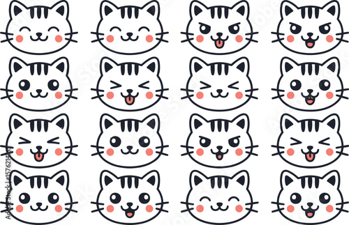 Collection of 16 cute kawaii cat faces with different expressions and emotions
