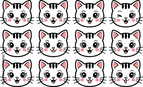 Collection of cute kawaii cat faces with different expressions and emotions