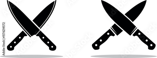 Two black chef knives crossed silhouette with shadows on white background