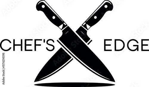 Two crossed chef knives with the text chefs edge in black and white