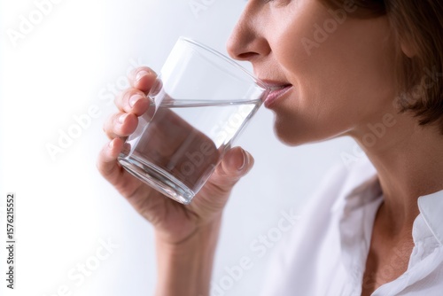 Woman enjoys refreshing drink of water from clear glass, showcasing moment of hydration and wellness. close up emphasizes clarity of water and woman serene expression