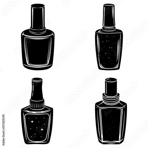 Illustration of four bottles of nail polish in black and white with varying designs and bottle shapes