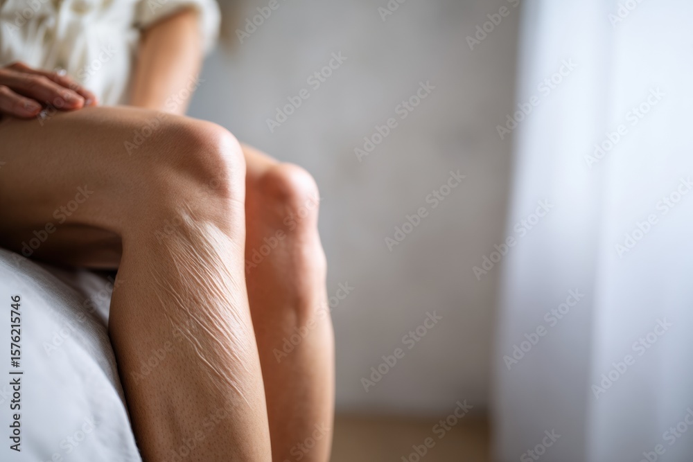 Obraz premium Close up of woman leg showing varicose veins, highlighting skin texture and imperfections. image evokes sense of vulnerability and realism in body image