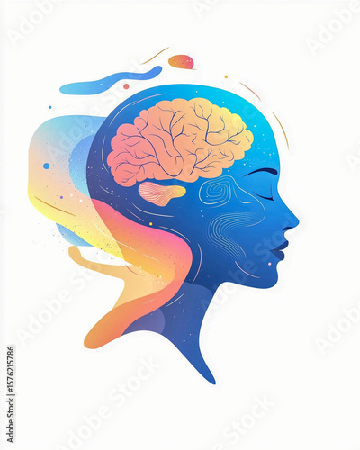 Abstract gender-neutral human head with floating shapes, pastel gradient emotions, vector flat side view