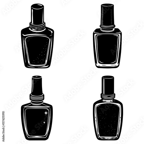 Illustration of four black and white nail polish bottles with different shapes and cap designs shown
