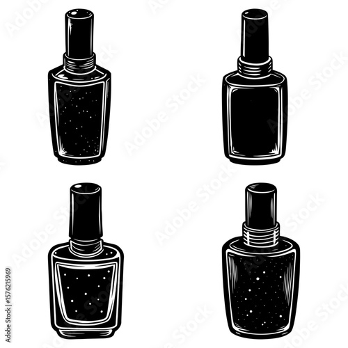 Four stylized nail polish bottles in black and white with varying designs and shapes arranged neatly