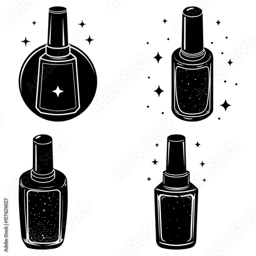 Four black and white nail polish bottles with sparkles in different artistic representations style art
