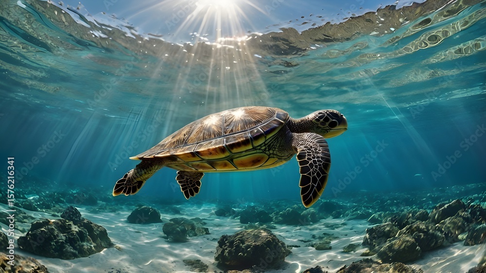 Obraz premium Turtle Swimming Underwater in Sunlit Ocean