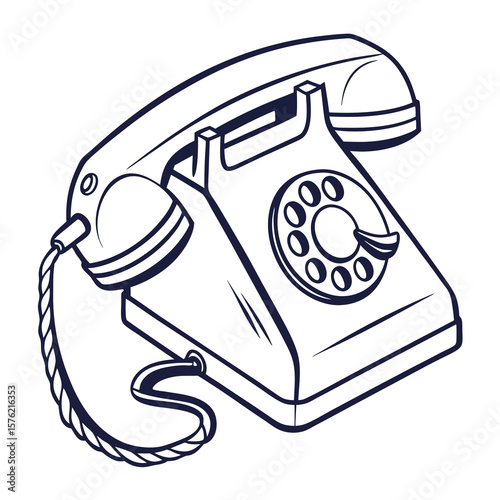 Vintage rotary telephone illustration highlighting classic communication devices from the mid-20th century with detailed line art emphasizing