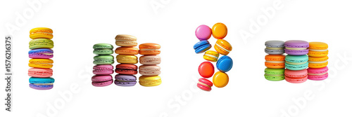 A set of colorful macarons stacked in studio lighting – isolated on transparent background for bakery and dessert design