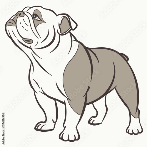 Stylized bulldog illustration showcasing muscular build and distinctive facial features in a minimalist art style with clean lines and a neutral