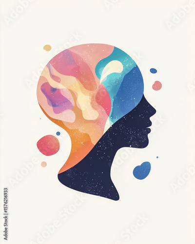 Abstract gender-neutral human head with floating shapes, pastel gradient emotions, vector flat side view