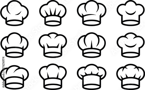 Collection of twelve different black and white chef hats in a grid pattern