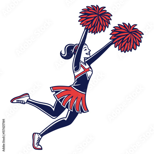 Energetic cheerleader in mid-air celebrating victory with vibrant pom-poms expressive cheerleading pose lively sports enthusiasm