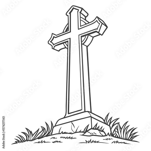 Minimalist Illustration of a Tall Christian Cross Monument Towering Over Grass and Dirt Ground with Clean Line Art Style for Memorial or Religious