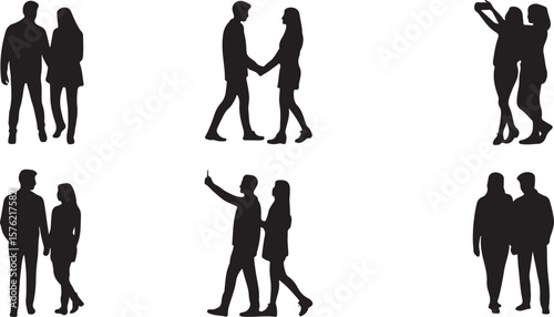 Silhouette Set of Couples Walking, Holding Hands, and Taking Selfies – Vector People in Love Collection