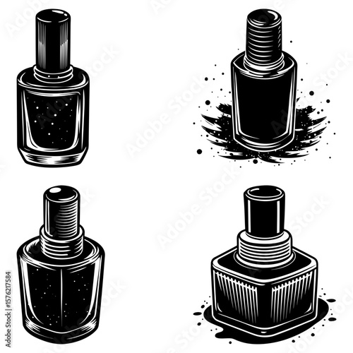 Four monochrome nail polish bottles with different shapes and design elements in vector illustration