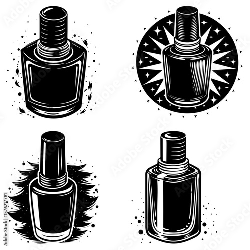 Four stylized black and white nail polish bottles with decorative backgrounds in a vector illustration
