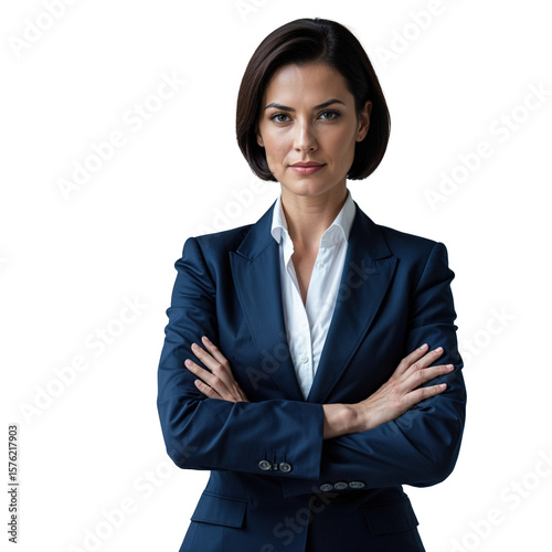 Confident serious businesswoman in a navy suit standing with arms crossed looking at camera, isolated transparent background.