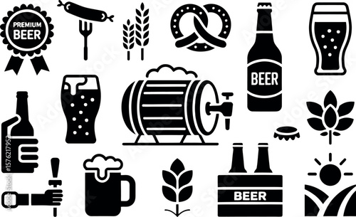 Collection of black beer icons including a barrel mug bottles hops pretzel and sausage