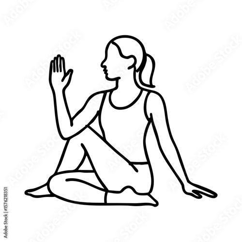 Line art of woman performing seated yoga twist for spine flexibility