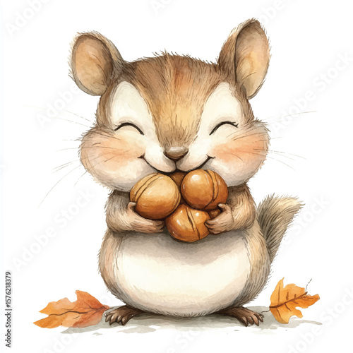 Joyful Watercolor Chipmunk Holding Nuts in Autumnal Scene
