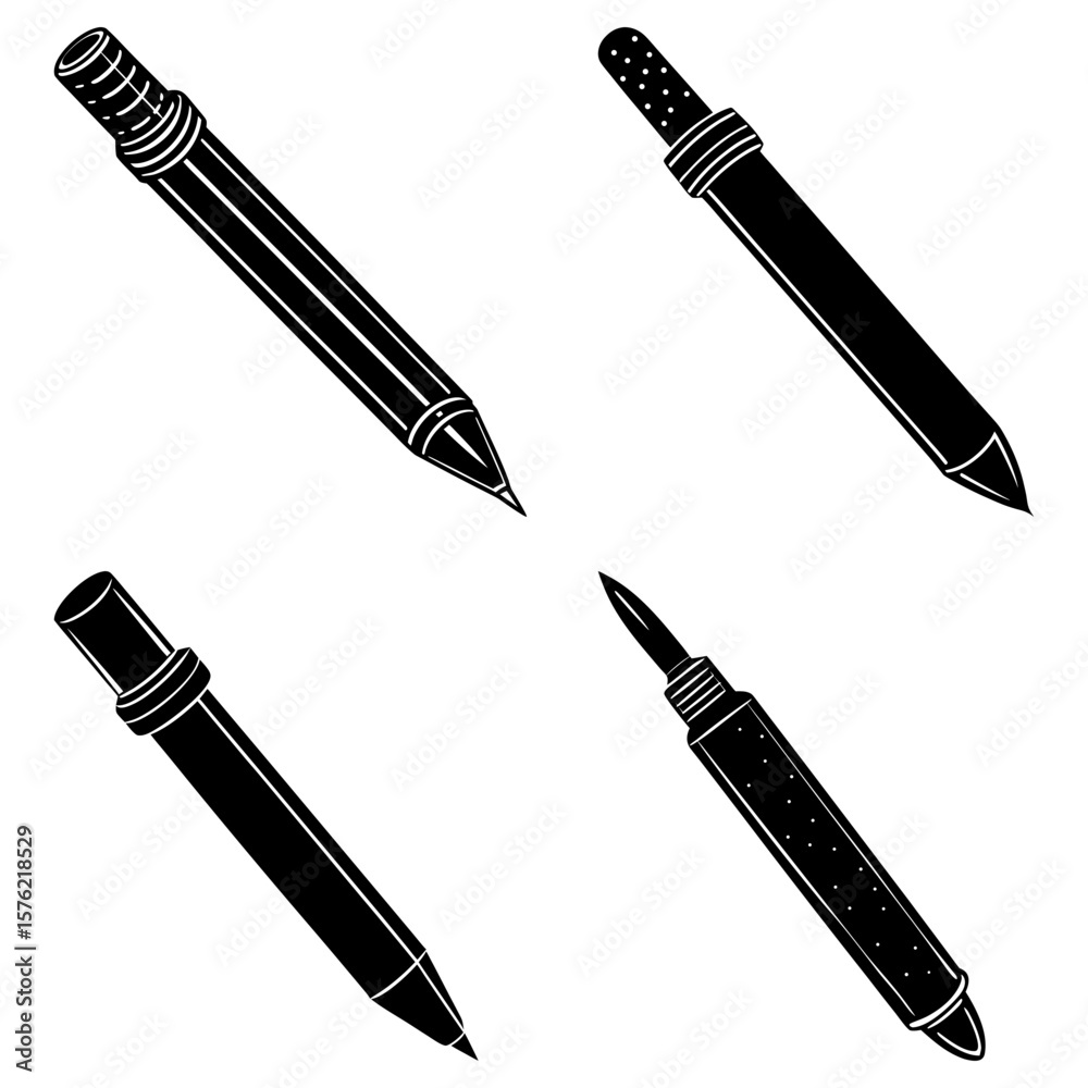 Illustration of four different black and white pens with varying designs and textures on a white background