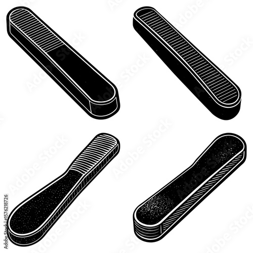 Four isometric black and white illustrations of nail files with varying surface textures and shapes shown