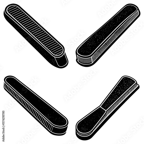 Four black and white isometric illustrations of different styles of nail files on a white background