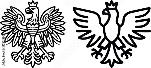 Two stylized black and white eagle emblems with crowns on white background