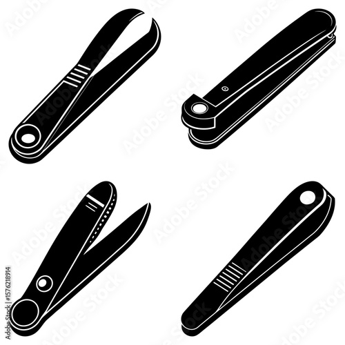 Four black and white illustrations of different types of nail clippers on a white background