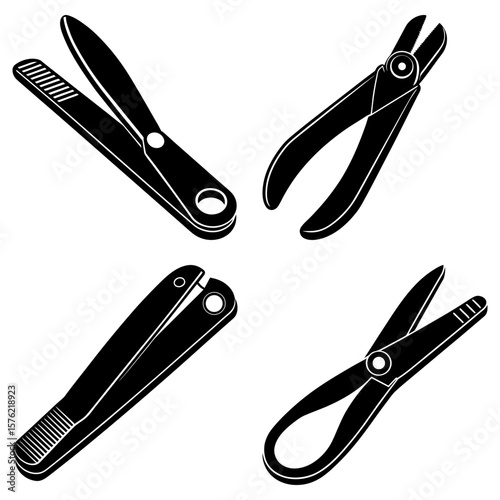 Illustration of four different types of black and white cutting tools arranged on a white background