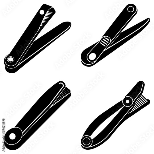 Four black and white images of cuticle nippers in different orientations on a white background view from above