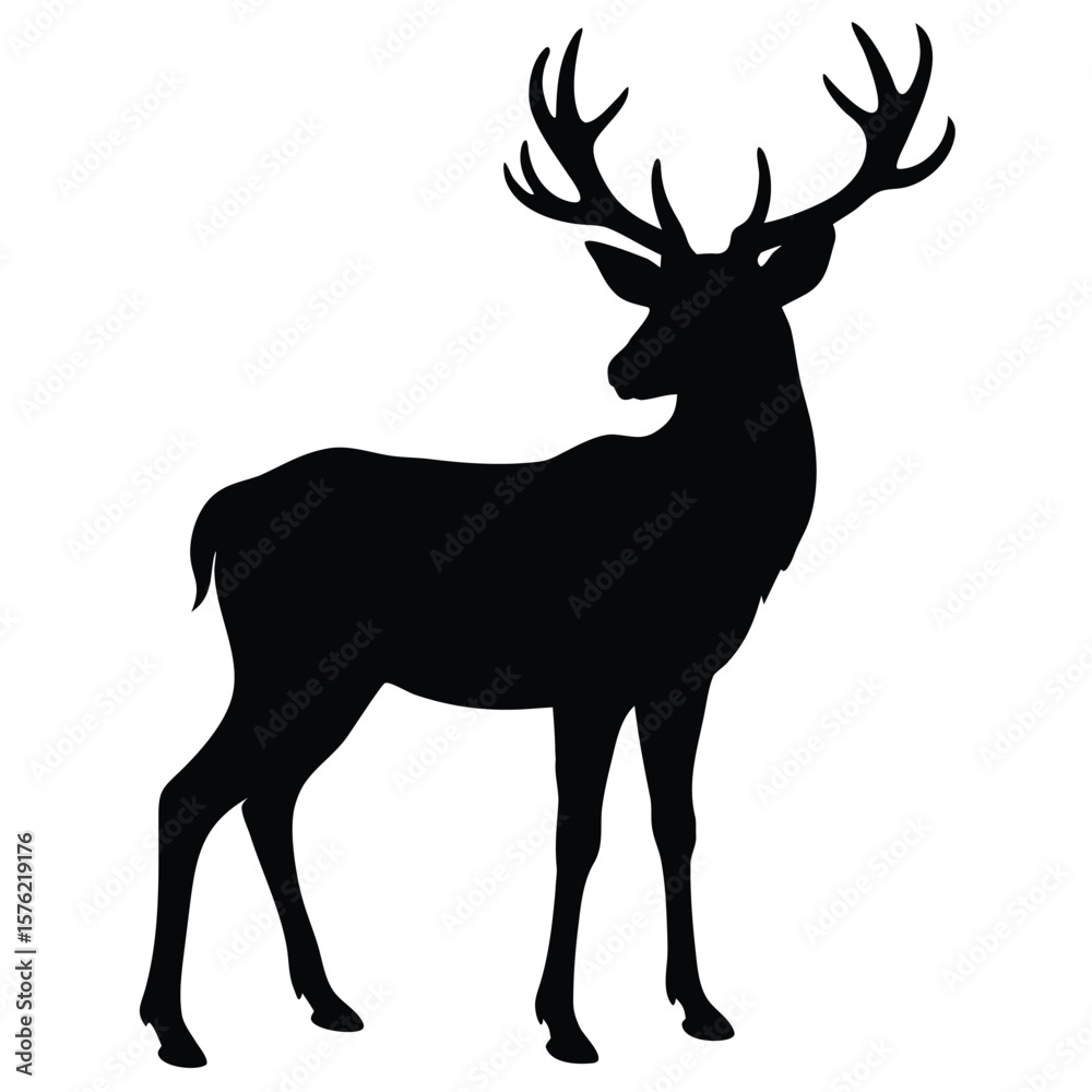 Fototapeta premium Elegant deer silhouette displays its majestic antlers against a stark white transparent background