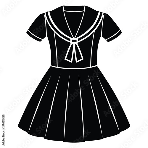 Silhouette of a black schoolgirl dress with white trim and a pleated skirt stands alone